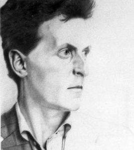 A portrait in pencil of Ludwig Wittgenstein. His face is angular and he looks intense and pensive.
